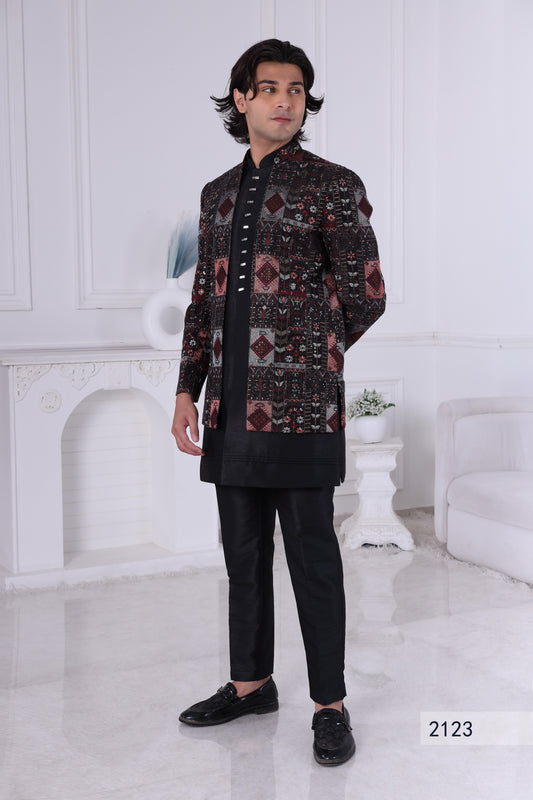 Men’s Black Patterned Indian Ethnic Sherwani Set – Premium Indo Western Party & Wedding Suit LA2123 (Copy) Laroyal