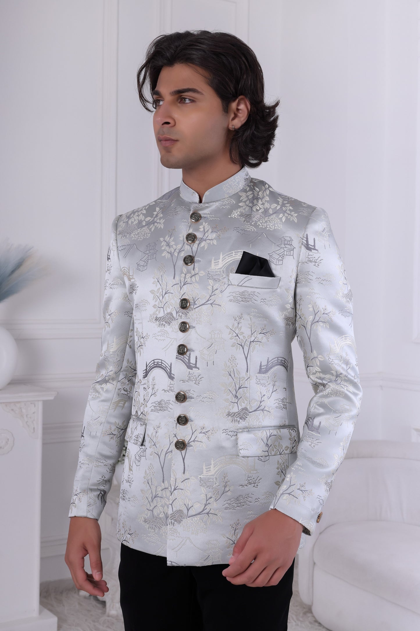 Men’s Silver Jacquard Sherwani Set – Premium Indian Ethnic Reception & Party Wear LA2126 Laroyal