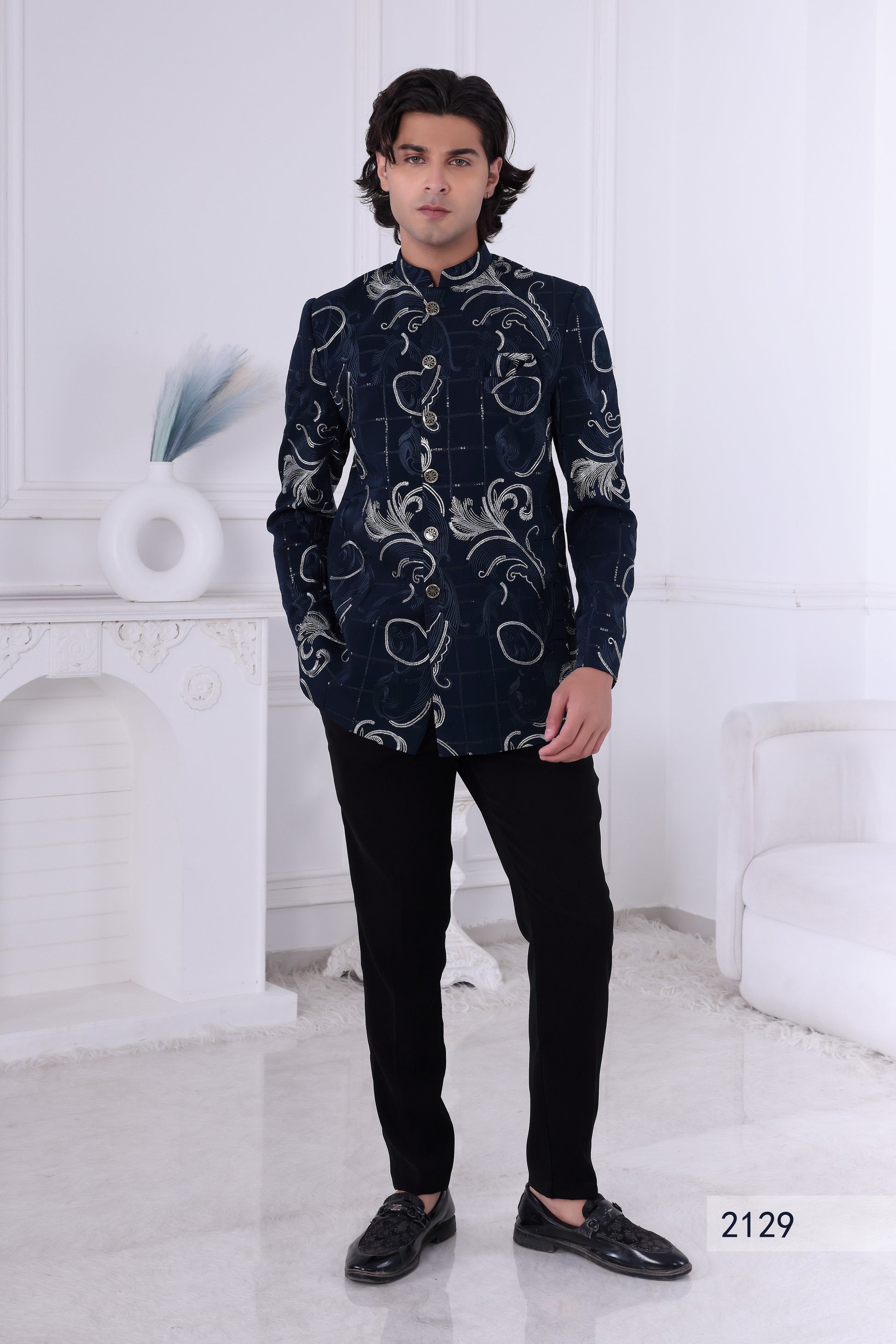 Men’s Navy Blue Floral Embroidered Sherwani Set – Premium Indian Ethnic Indo Western Suit ,Reception & Party Wear LA2129 Laroyal