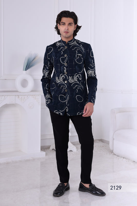 Men’s Navy Blue Floral Embroidered Sherwani Set – Premium Indian Ethnic Indo Western Suit ,Reception & Party Wear LA2129 Laroyal