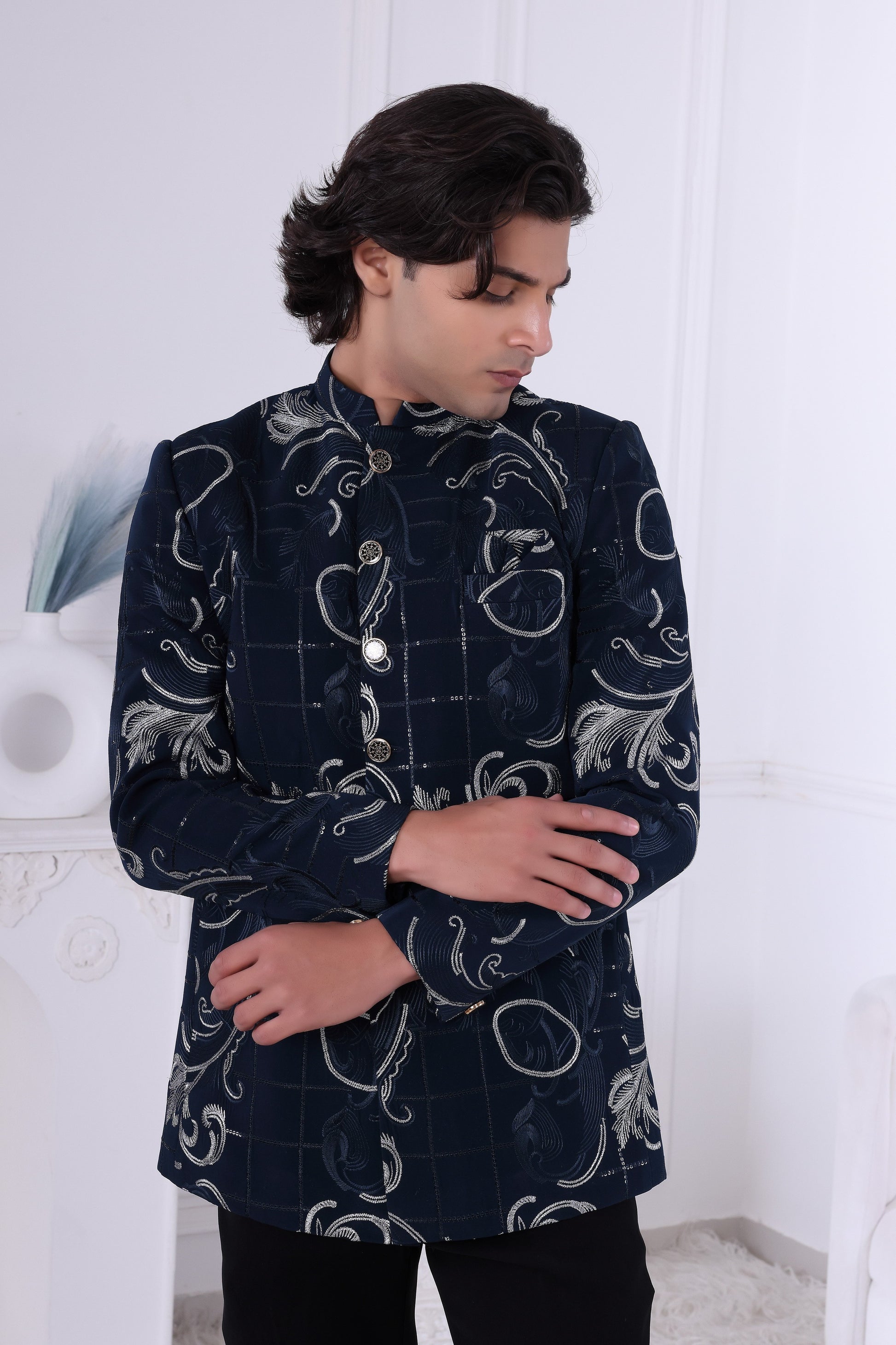 Men’s Navy Blue Floral Embroidered Sherwani Set – Premium Indian Ethnic Indo Western Suit ,Reception & Party Wear LA2129 Laroyal