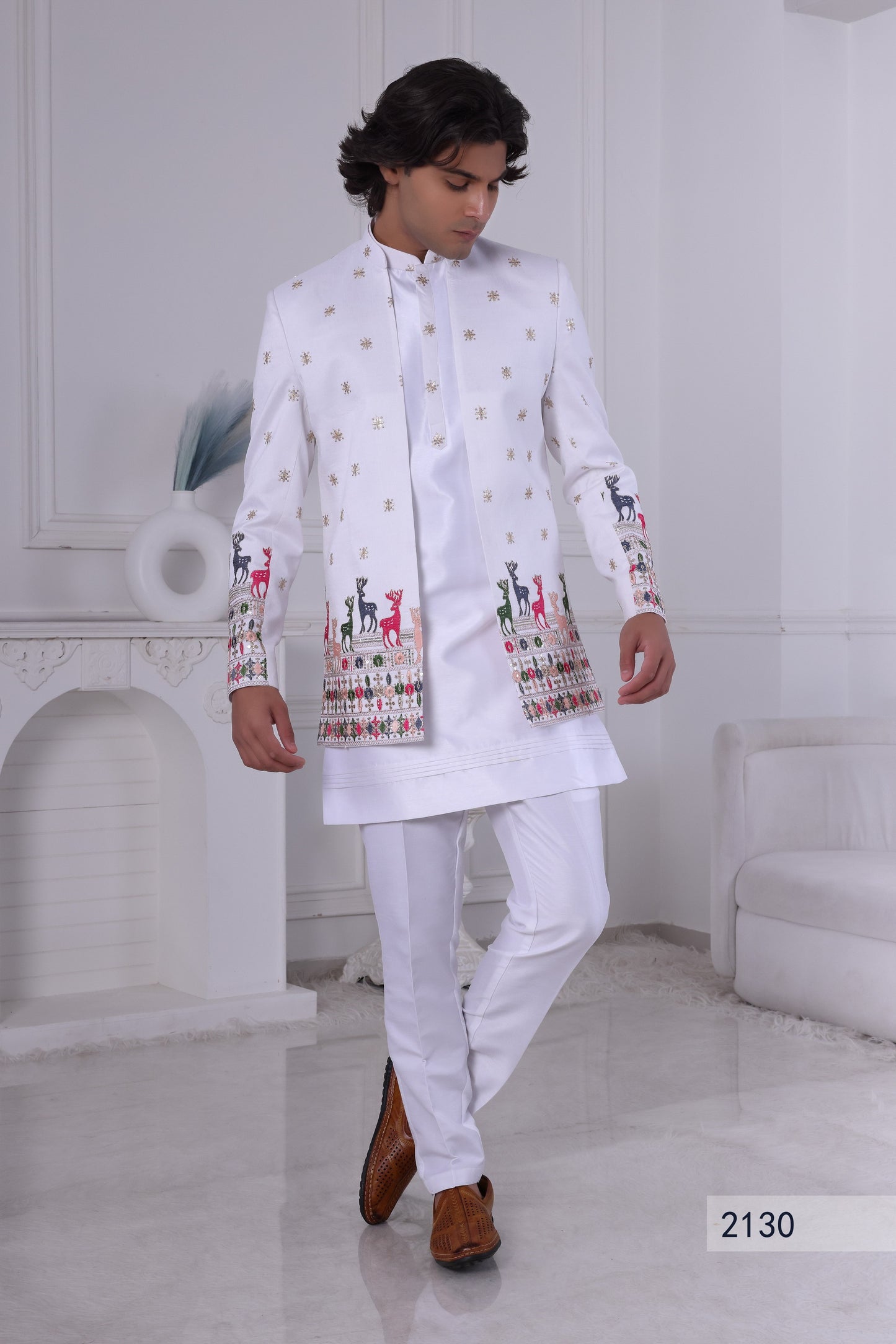 Men’s Designer White Indo Western Jacket Set – Indian Pakistani Ethnic Wedding Sherwani LA2130 Laroyal