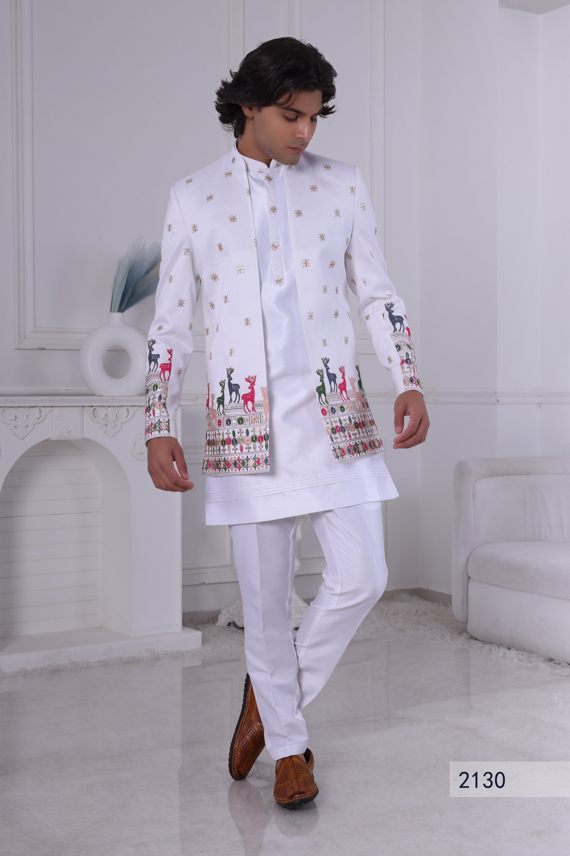 Men’s Designer White Indo Western Jacket Set – Indian Pakistani Ethnic Wedding Sherwani LA2130 Laroyal