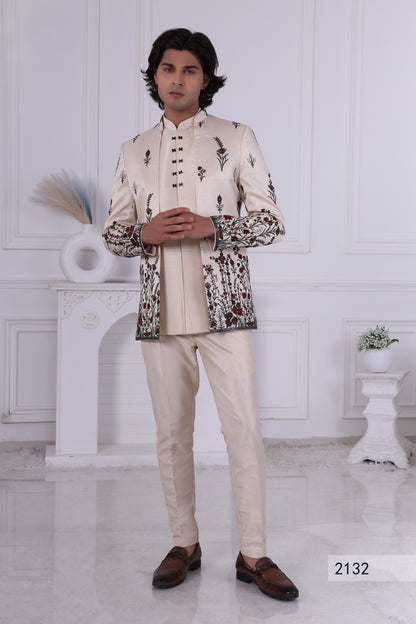 Cream Floral Embroidered Indo Western Sherwani Set for Men –Indian Designer Wedding Sherwani LA2132 Laroyal