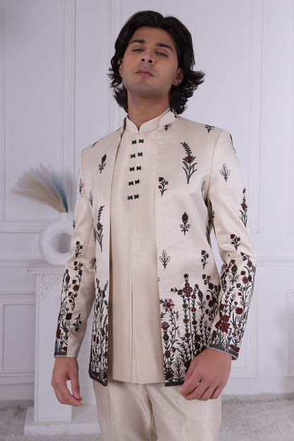 Cream Floral Embroidered Indo Western Sherwani Set for Men –Indian Designer Wedding Sherwani LA2132 Laroyal