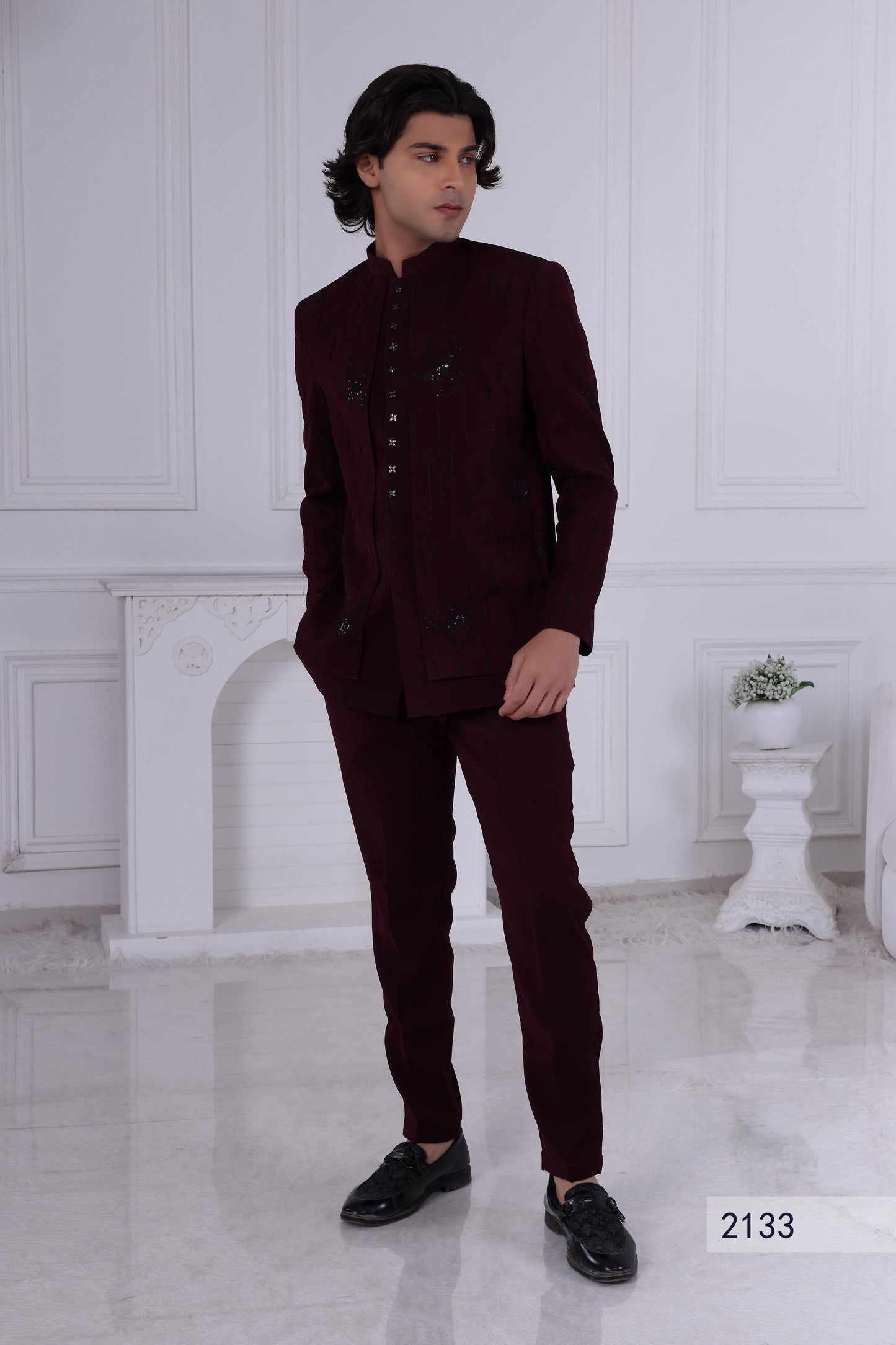Men’s Wine Color Indo Western Suit – Premium Indian Pakistani Ethnic Party Wear for Weddings LA2133 Laroyal