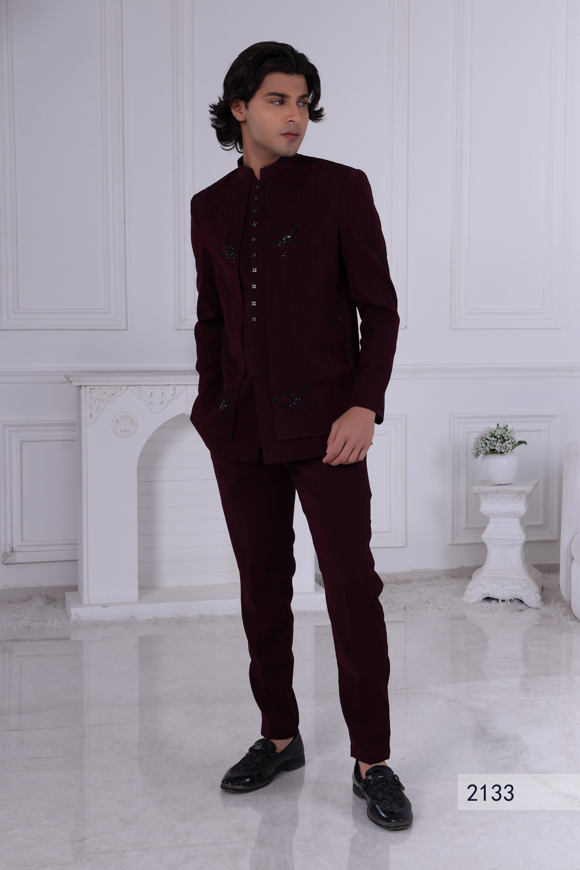Men’s Wine Color Indo Western Suit – Premium Indian Pakistani Ethnic Party Wear for Weddings LA2133 Laroyal