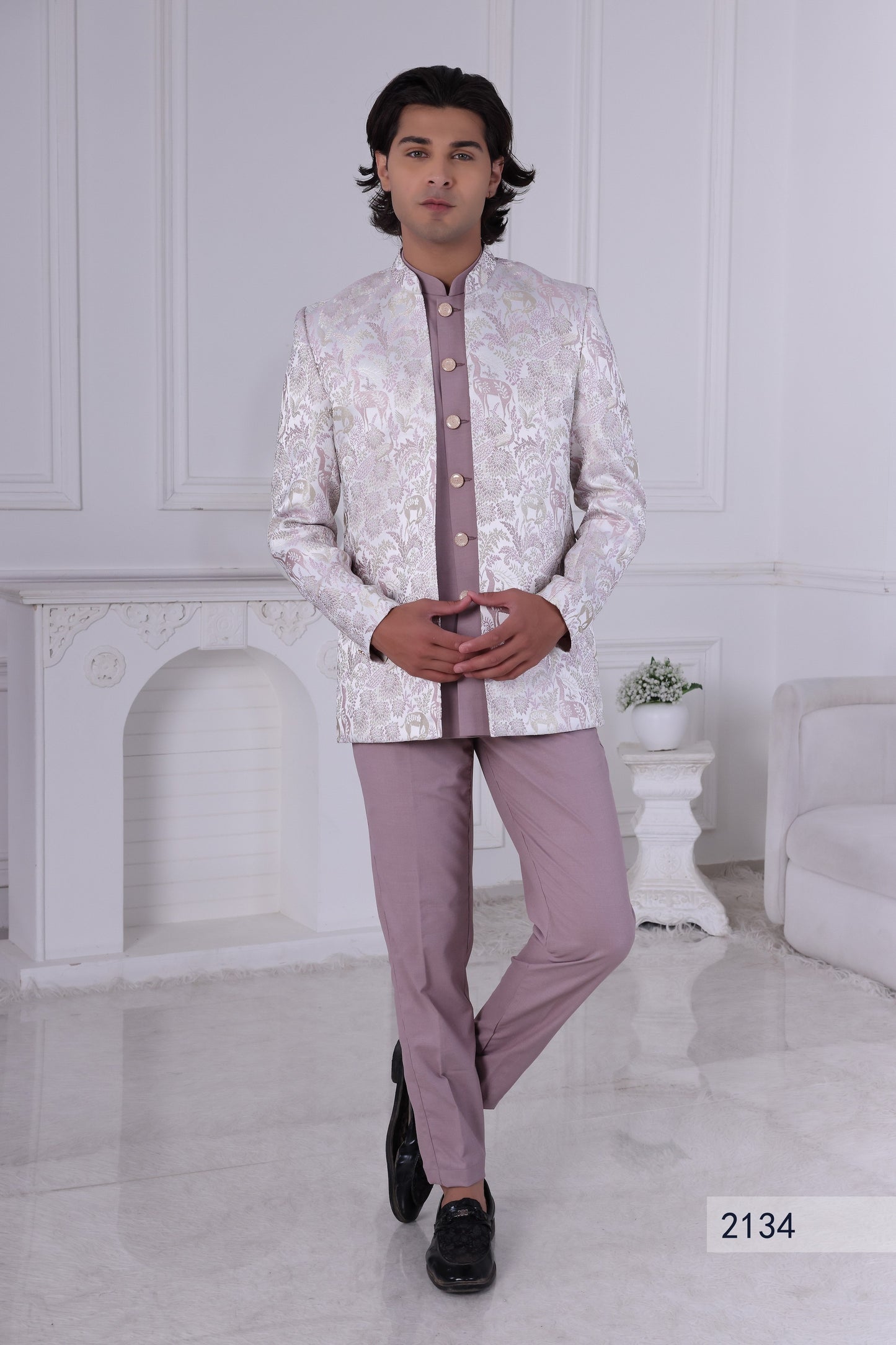 Lavender & Cream Indo Western Sherwani Set for Men – Indian Designer Wedding & Reception Suit LA2134 Laroyal