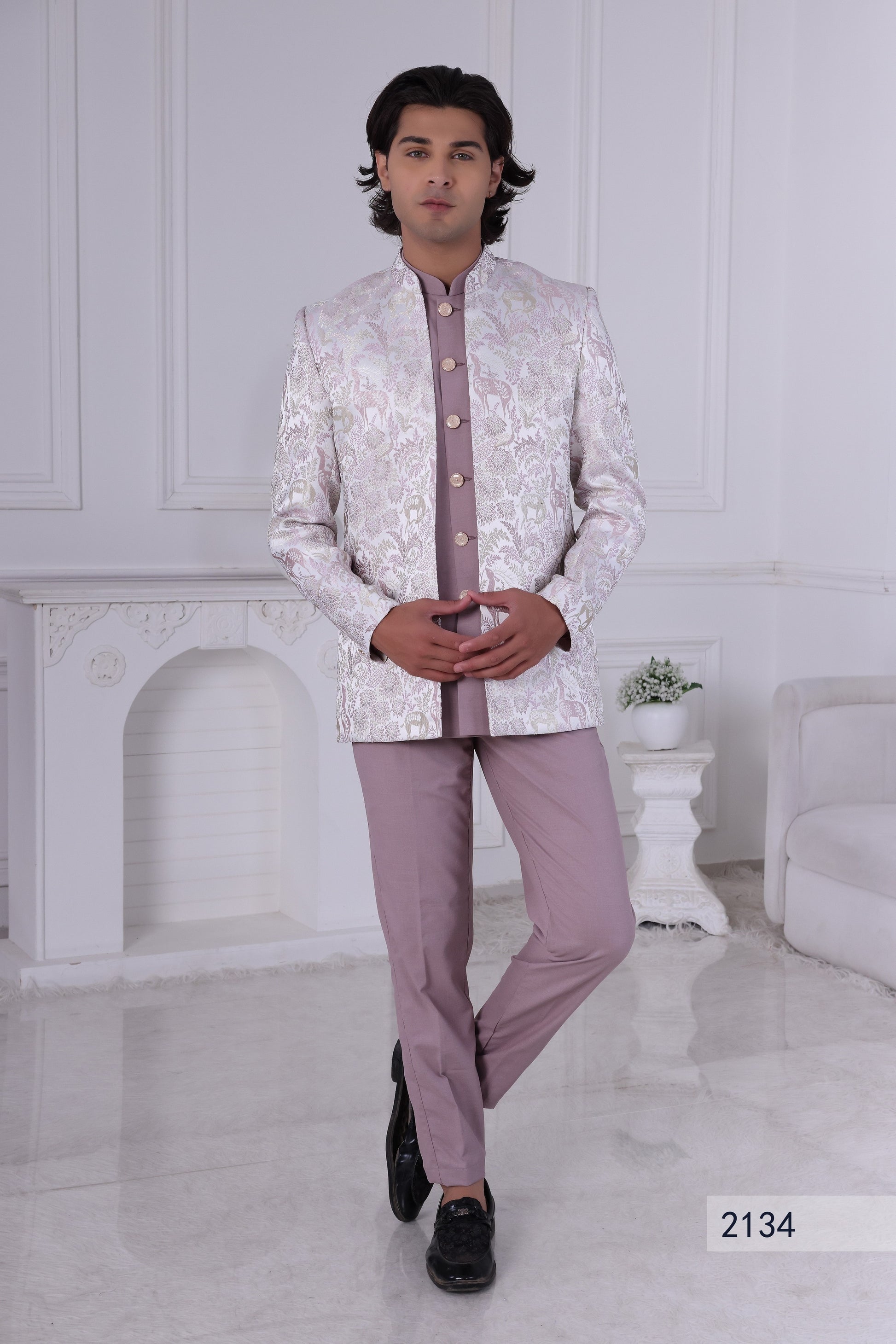 Lavender & Cream Indo Western Sherwani Set for Men – Indian Designer Wedding & Reception Suit LA2134 Laroyal