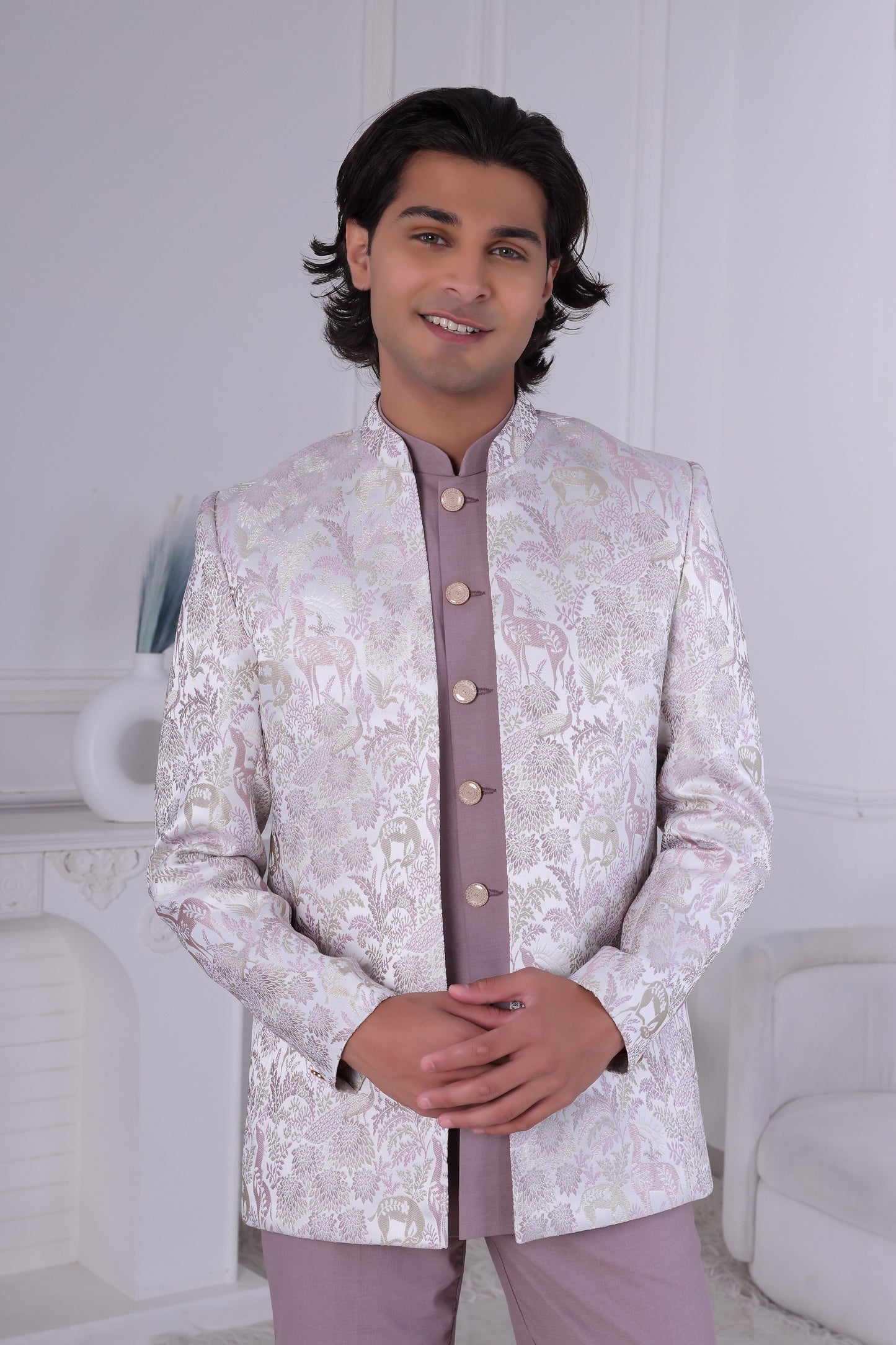 Lavender & Cream Indo Western Sherwani Set for Men – Indian Designer Wedding & Reception Suit LA2134 Laroyal