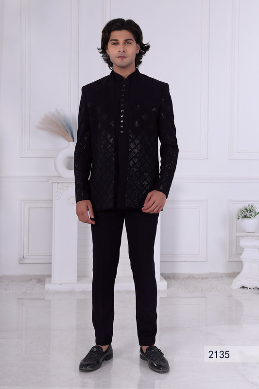 Black Indo Western Sherwani Set for Men – Designer Wedding, Reception, Sangeet Sandhya Wear LA2135 Laroyal