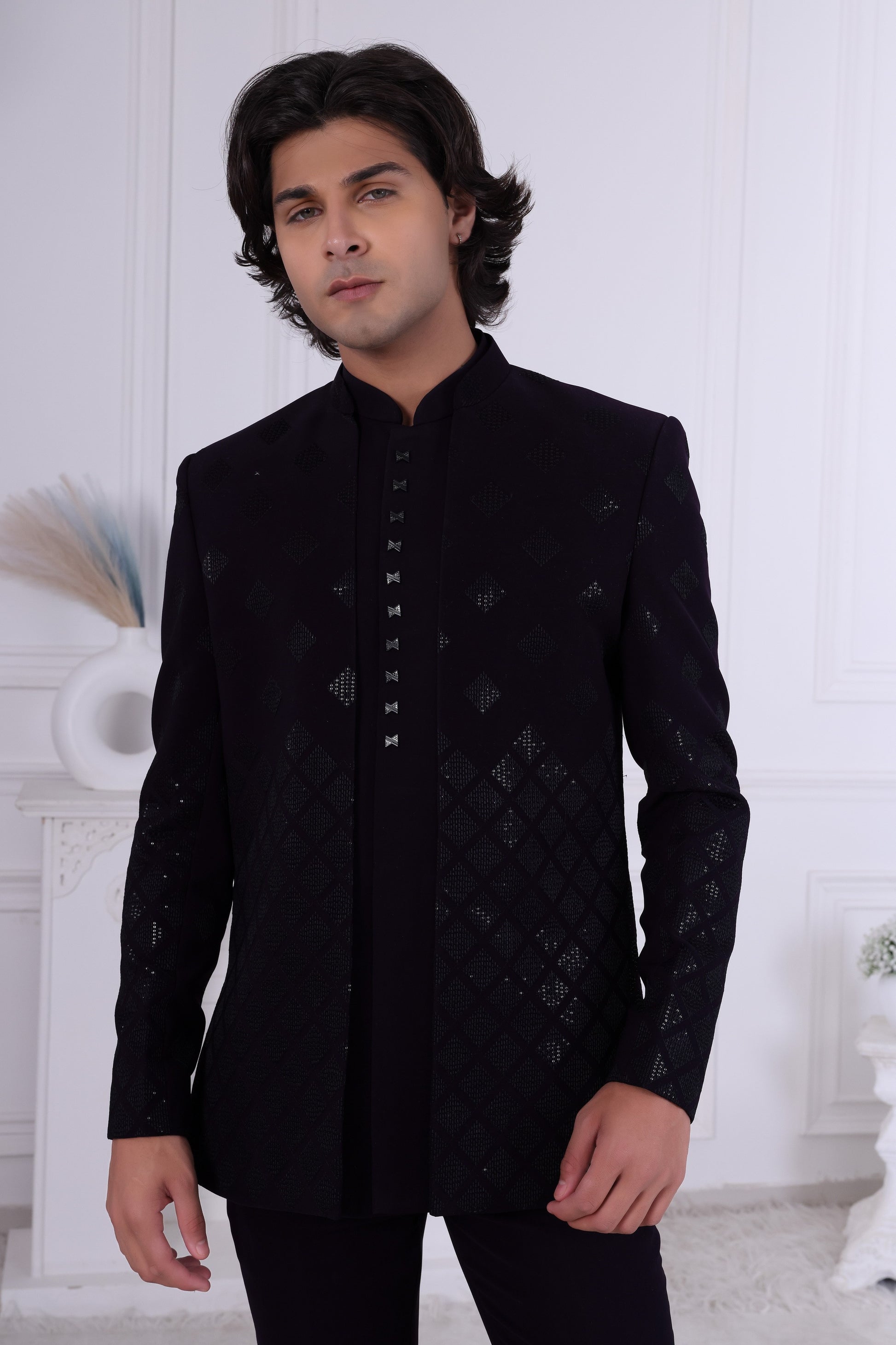 Black Indo Western Sherwani Set for Men – Designer Wedding, Reception, Sangeet Sandhya Wear LA2135 Laroyal