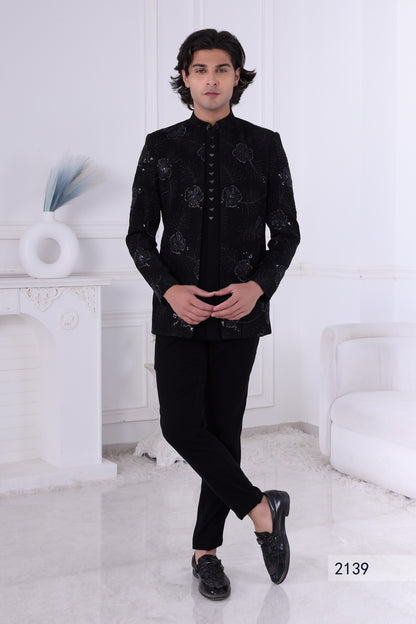 Men’s Premium Black Embroidered Indo Western Sherwani Set –Indian Ethnic Designer Wedding & Reception wear LA2139 Laroyal