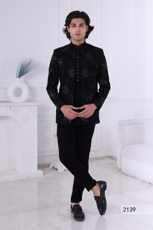 Men’s Premium Black Embroidered Indo Western Sherwani Set –Indian Ethnic Designer Wedding & Reception wear LA2139 Laroyal