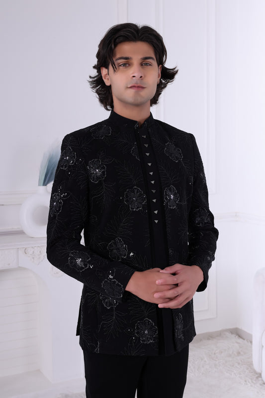 Men’s Premium Black Embroidered Indo Western Sherwani Set –Indian Ethnic Designer Wedding & Reception wear LA2139 Laroyal