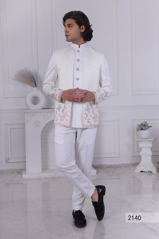 Premium White Floral Embroidered Sherwani Set for Men – Indian Ethnic Indo Western Wedding & Festive Wear LA2140 Laroyal