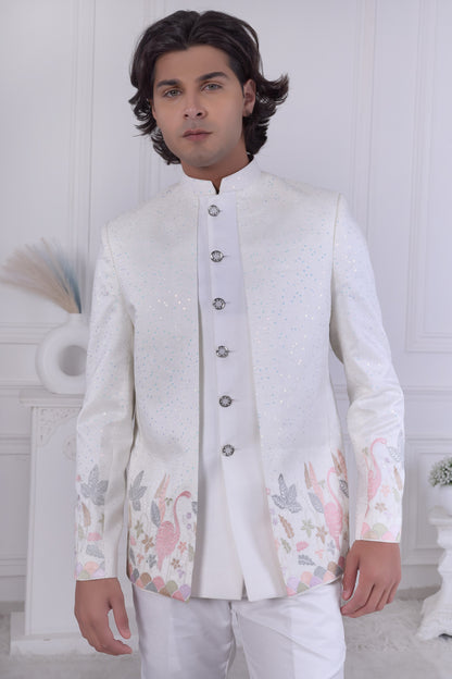 Premium White Floral Embroidered Sherwani Set for Men – Indian Ethnic Indo Western Wedding & Festive Wear LA2140 Laroyal