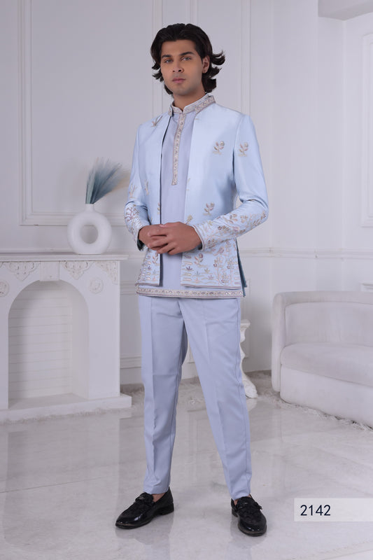 Designer Ice Blue Indo Western for Men , Luxury Embroidered Bollywood Sherwani Set LA2142