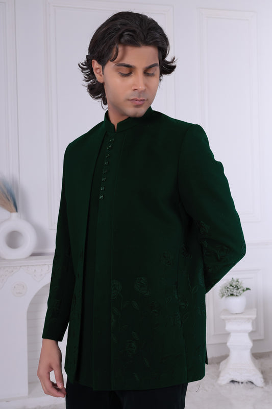 Premium Men’s Indo Western Sherwani in Emerald Green, Indian Ethnic Bollywood Designer Party Wear LA2143