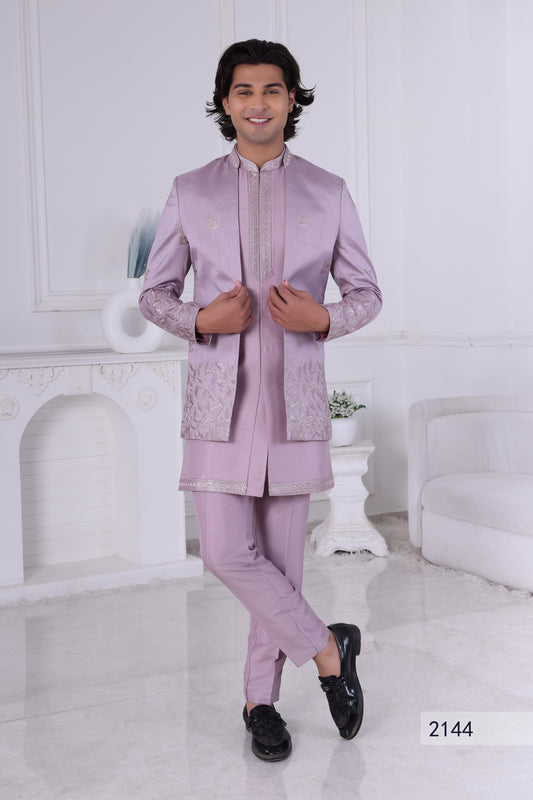 Elegant Dusty Lavender Indo Western Sherwani Set, Indian Ethnic Designer Party Wear for Men LA2144