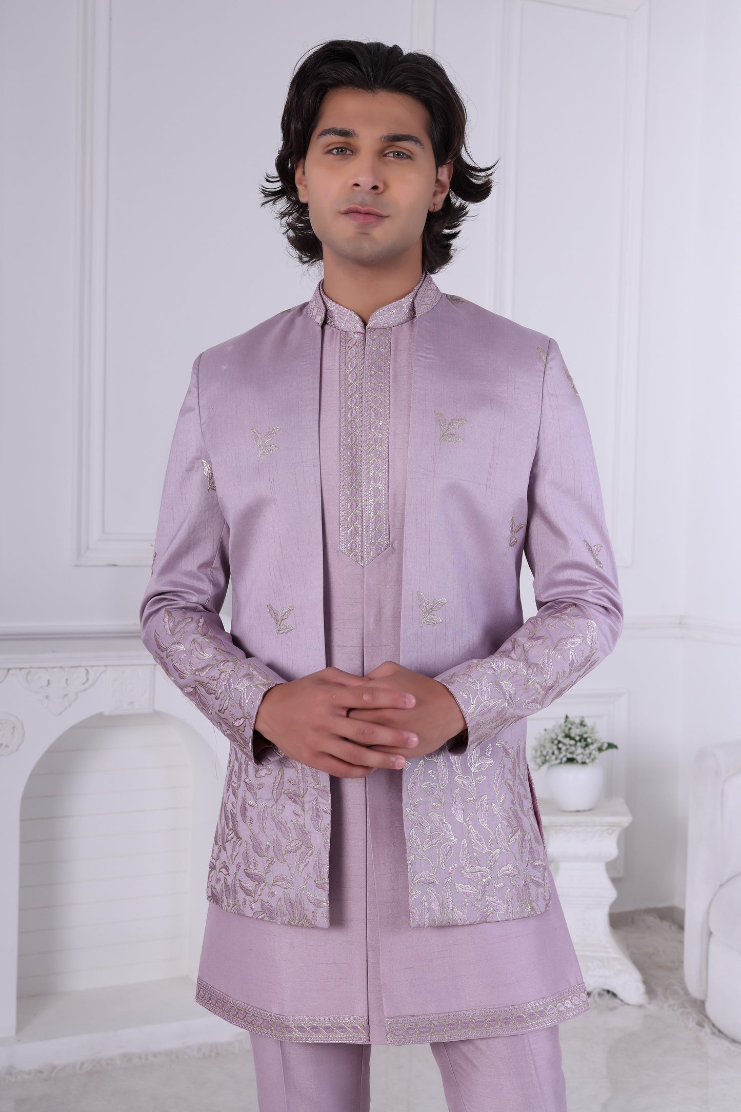 Elegant Dusty Lavender Indo Western Sherwani Set, Indian Ethnic Designer Party Wear for Men LA2144