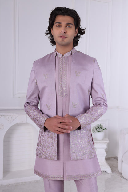 Elegant Dusty Lavender Indo Western Sherwani Set, Indian Ethnic Designer Party Wear for Men LA2144