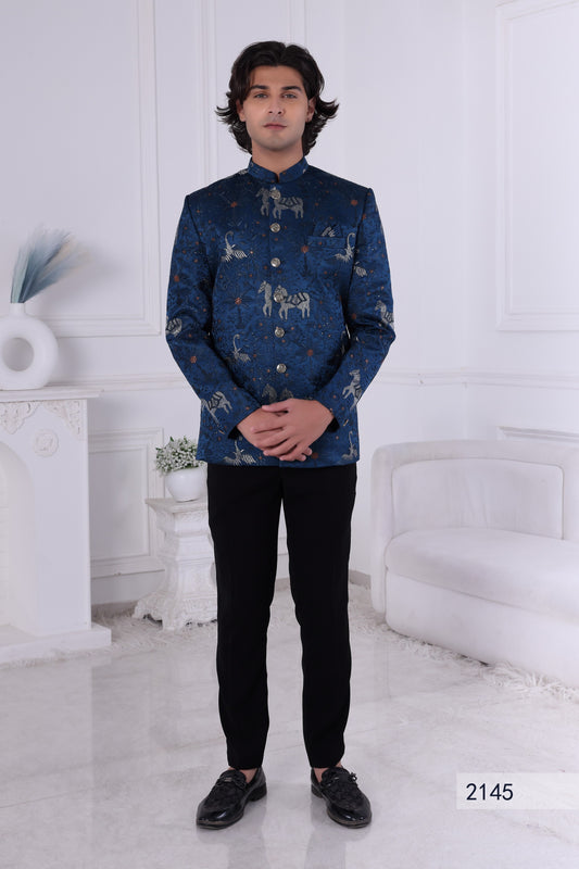 Men’s Premium Royal Blue Indo Western Sherwani Set, Indian Designer Embroidered Wedding Outfit LA2145