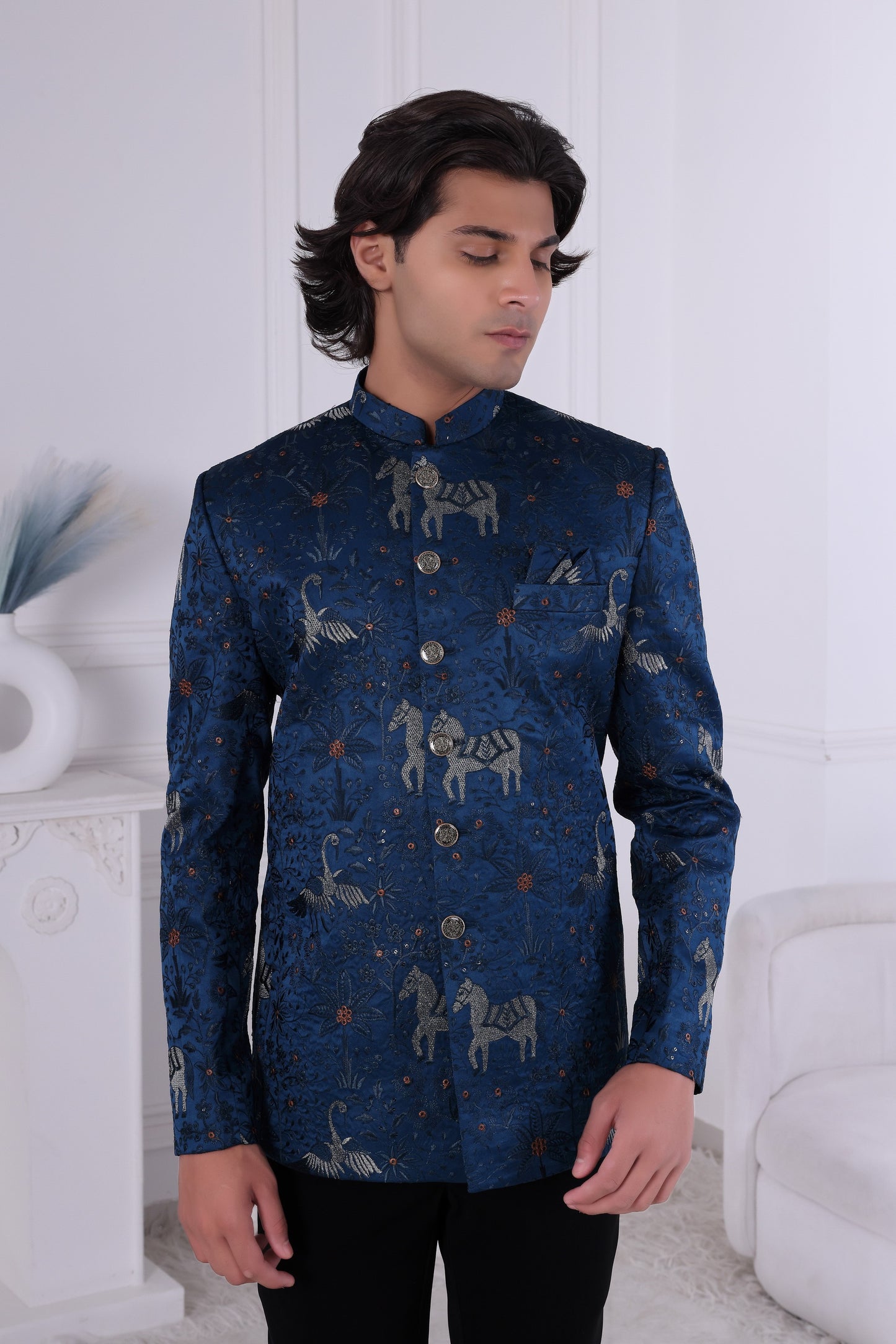 Men’s Premium Royal Blue Indo Western Sherwani Set, Indian Designer Embroidered Wedding Outfit LA2145
