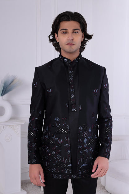 Embroidered Black Indo-Western Sherwani: Men's Wedding Bandhgala Suit Laroyal
