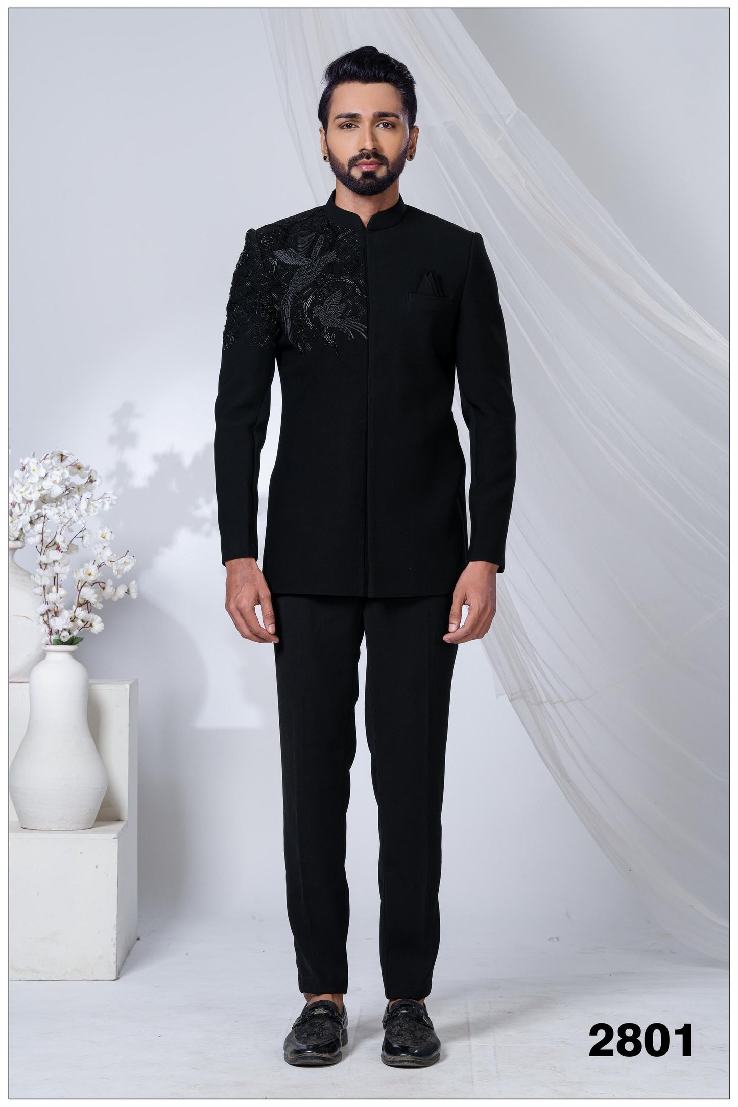 The Black Phoenix: Avant-Garde Embroidered Bandhgala Suit, Sherwani For Men, Indian Wedding Sherwani Laroyal