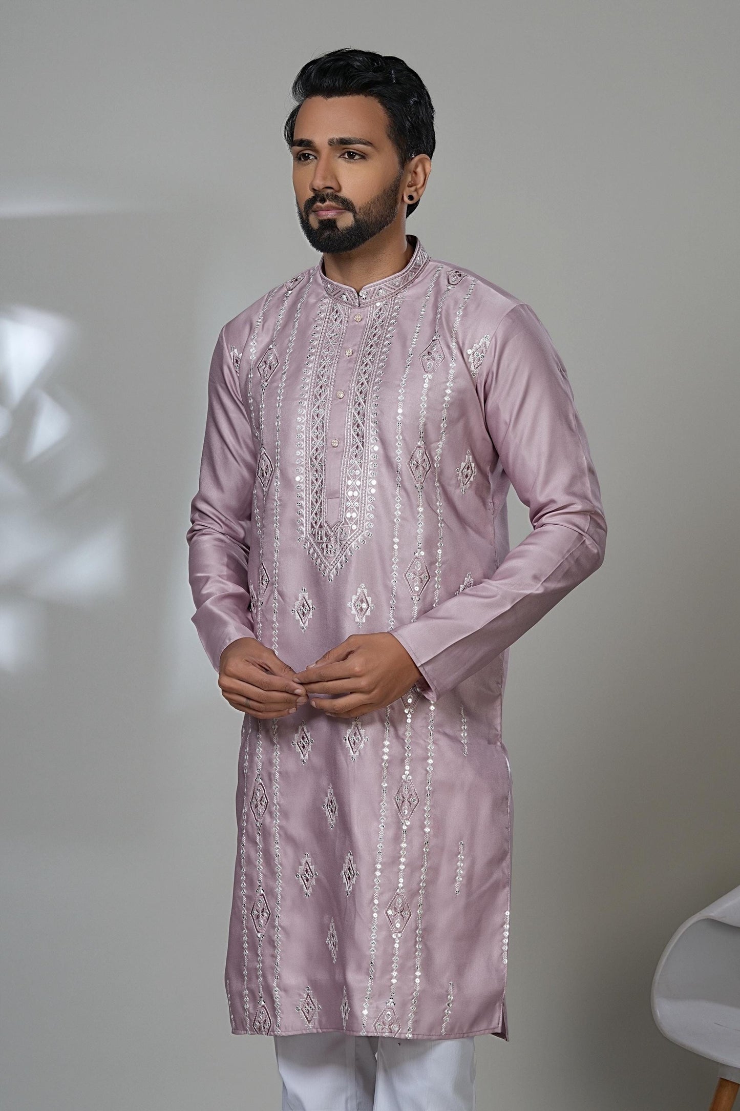Light Purple Kurta Set: Silver Embroidery, Mirror Work, Festive Menswear