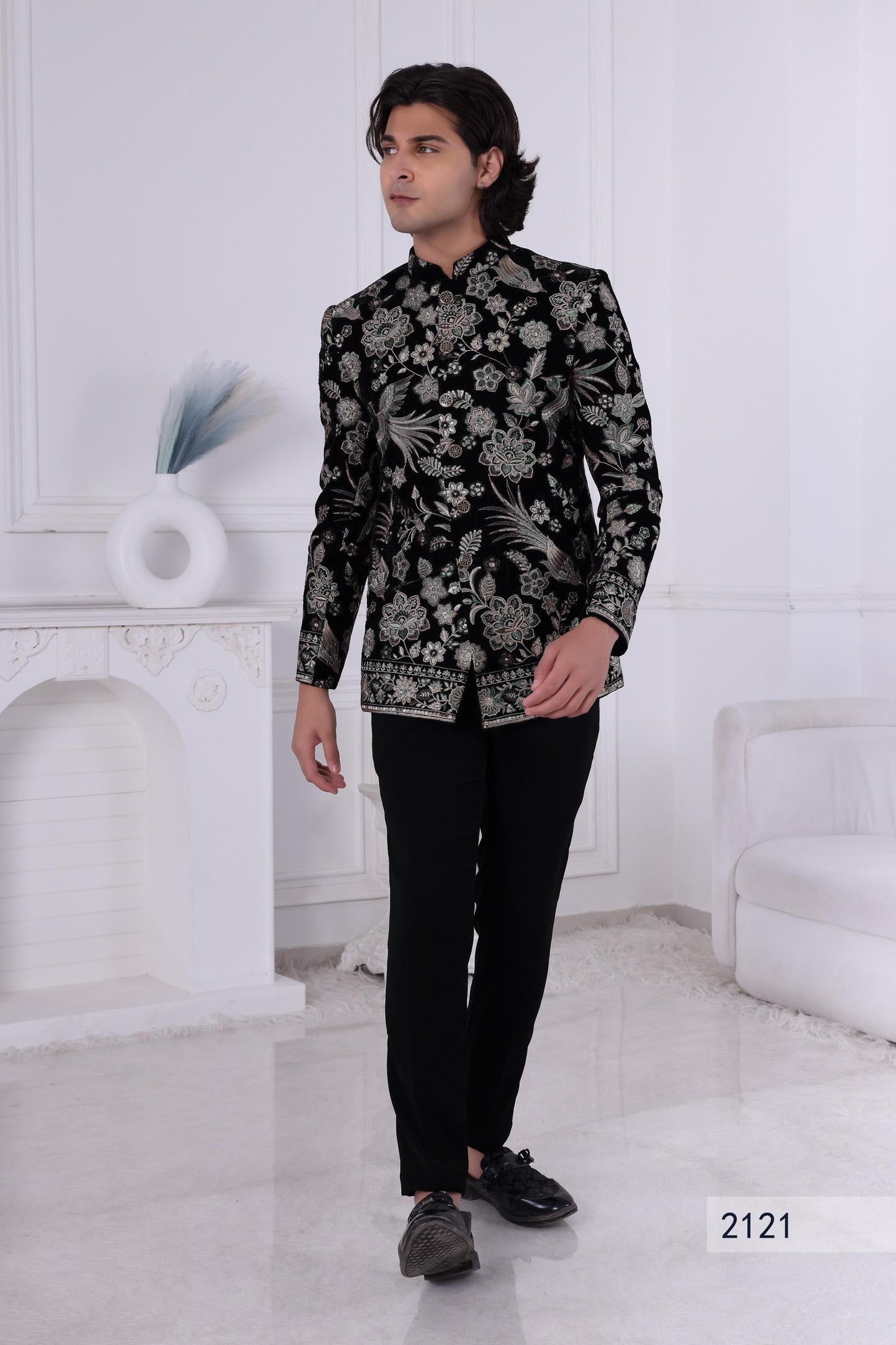 Emerald Green Velvet Jodhpuri Suit: Peacock Embroidery, Indian Groom Sherwani Laroyal