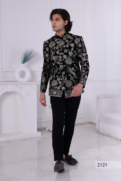 Emerald Green Velvet Jodhpuri Suit: Peacock Embroidery, Indian Groom Sherwani Laroyal
