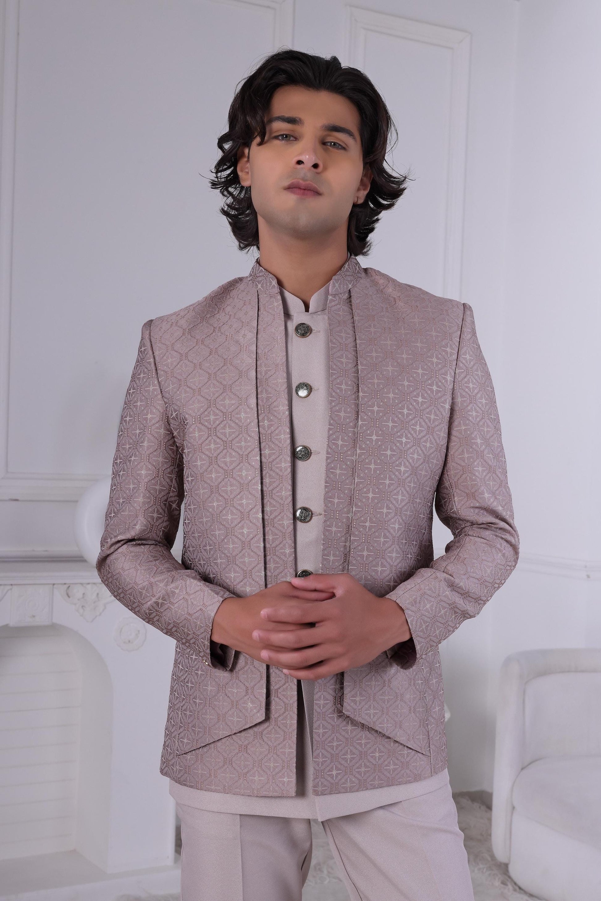 Geometric Jacquard Indo-Western Suit: Dusty Rose Wedding Sherwani Laroyal