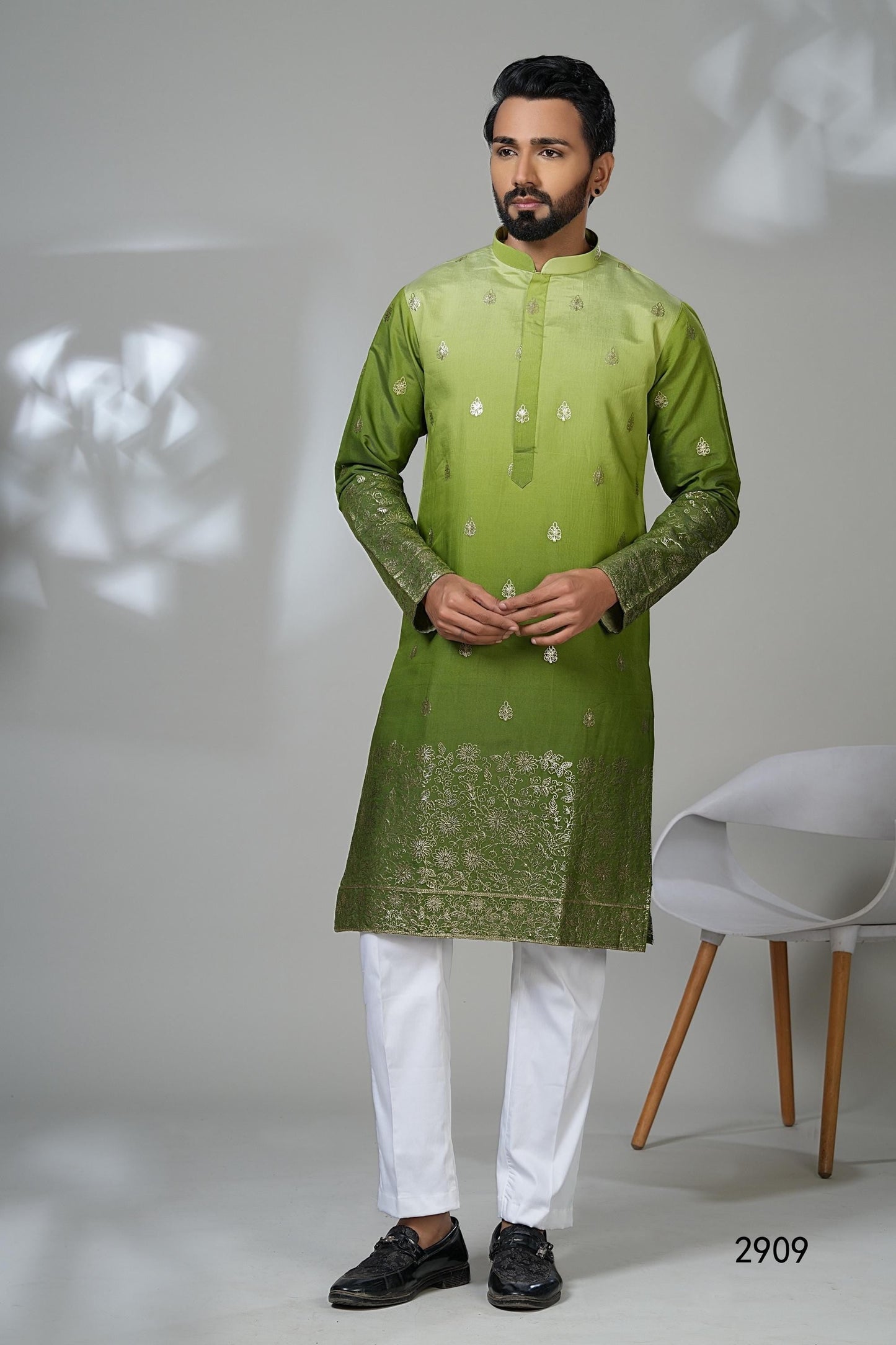 Men's Ombre Green Kurta with Gold Embroidery - Mehendi Sangeet Outfit Laroyal