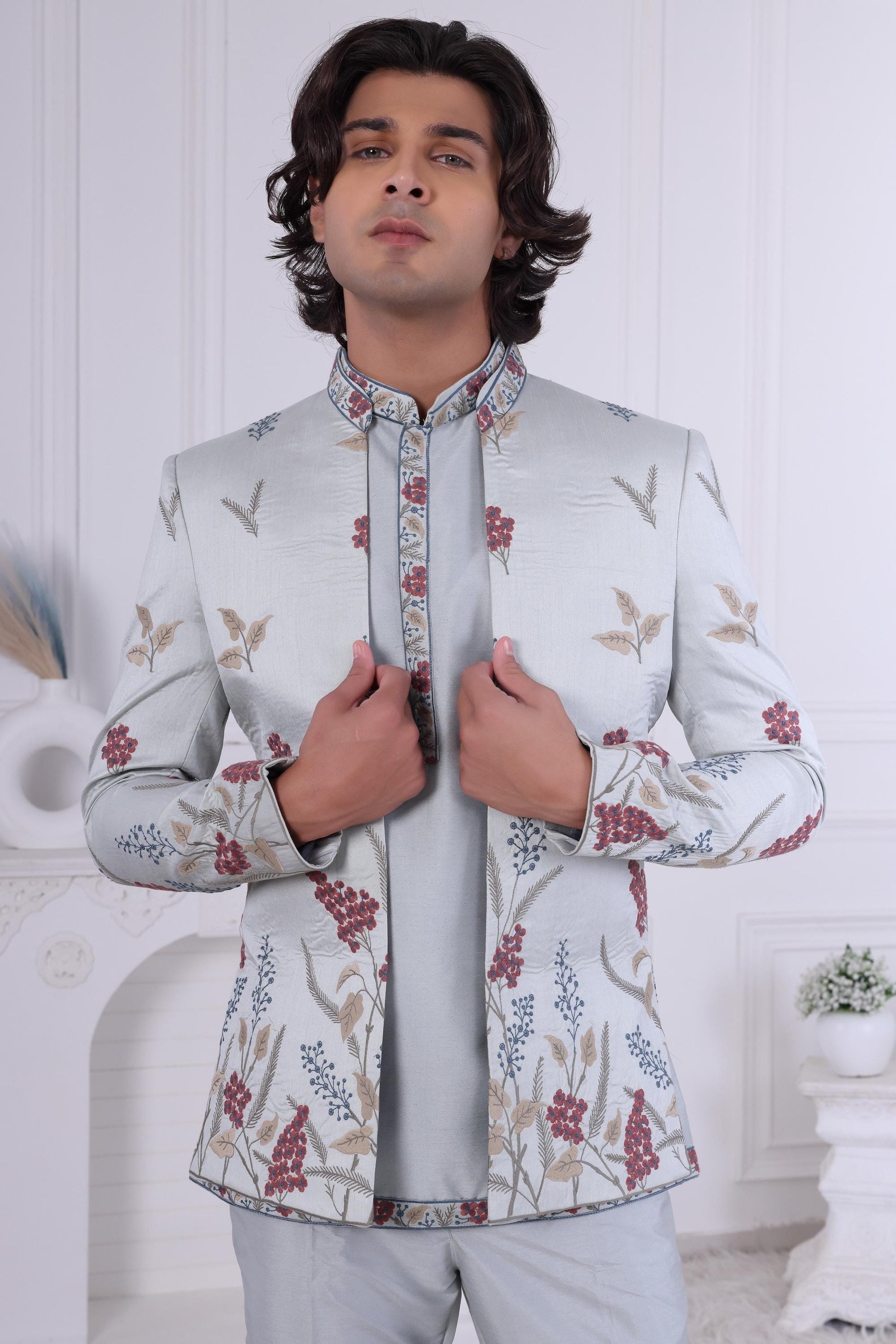 Floral Embroidered Indo-Western Sherwani: Designer Jodhpuri Jacket Outfit Laroyal