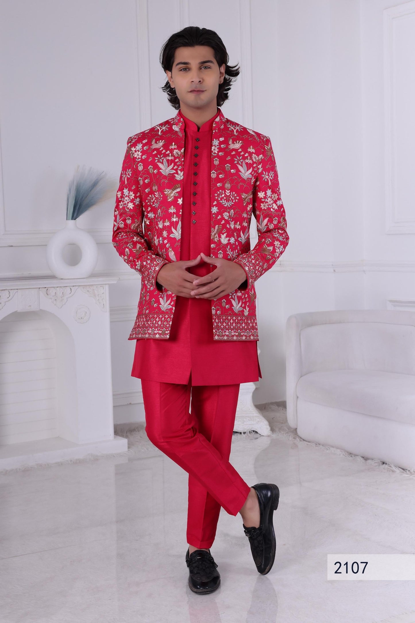 Red Embroidered Sherwani: Groom Wedding Outfit, Customizable Ethnic Attire Laroyal