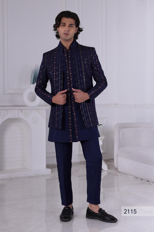 Dark Blue Sherwani: Gold Geometric Indian Wedding Outfit, Custom Tailored