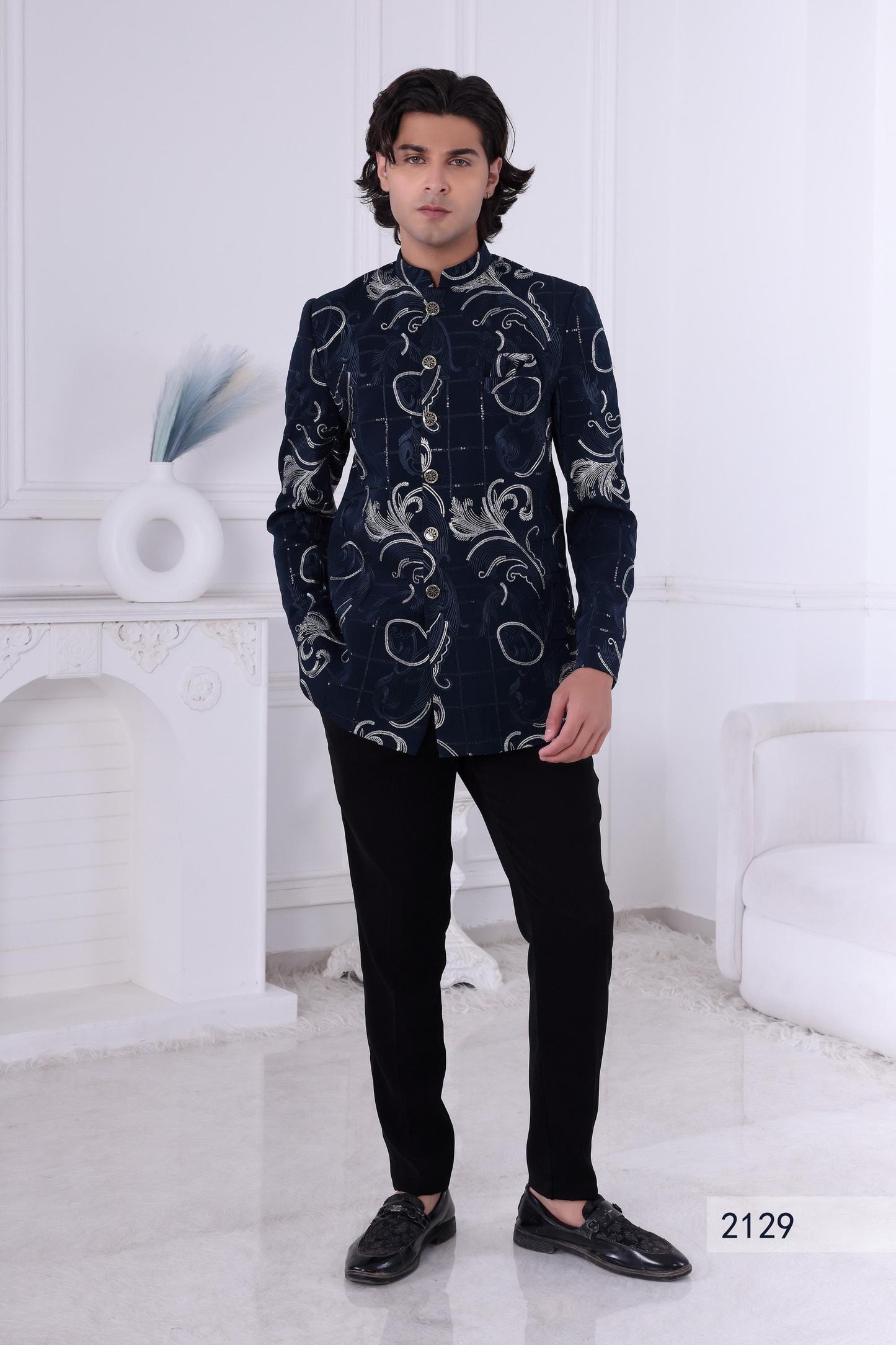 Navy Blue Jodhpuri Suit: Silver Baroque Embroidered Bandhgala - Indian Groom Sherwani Laroyal