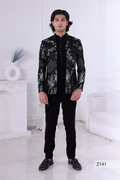 3-Piece Black Velvet Indo-Western Suit | Indian Sherwani | Designer Jacket & Kurta | Groom's Reception Outfit