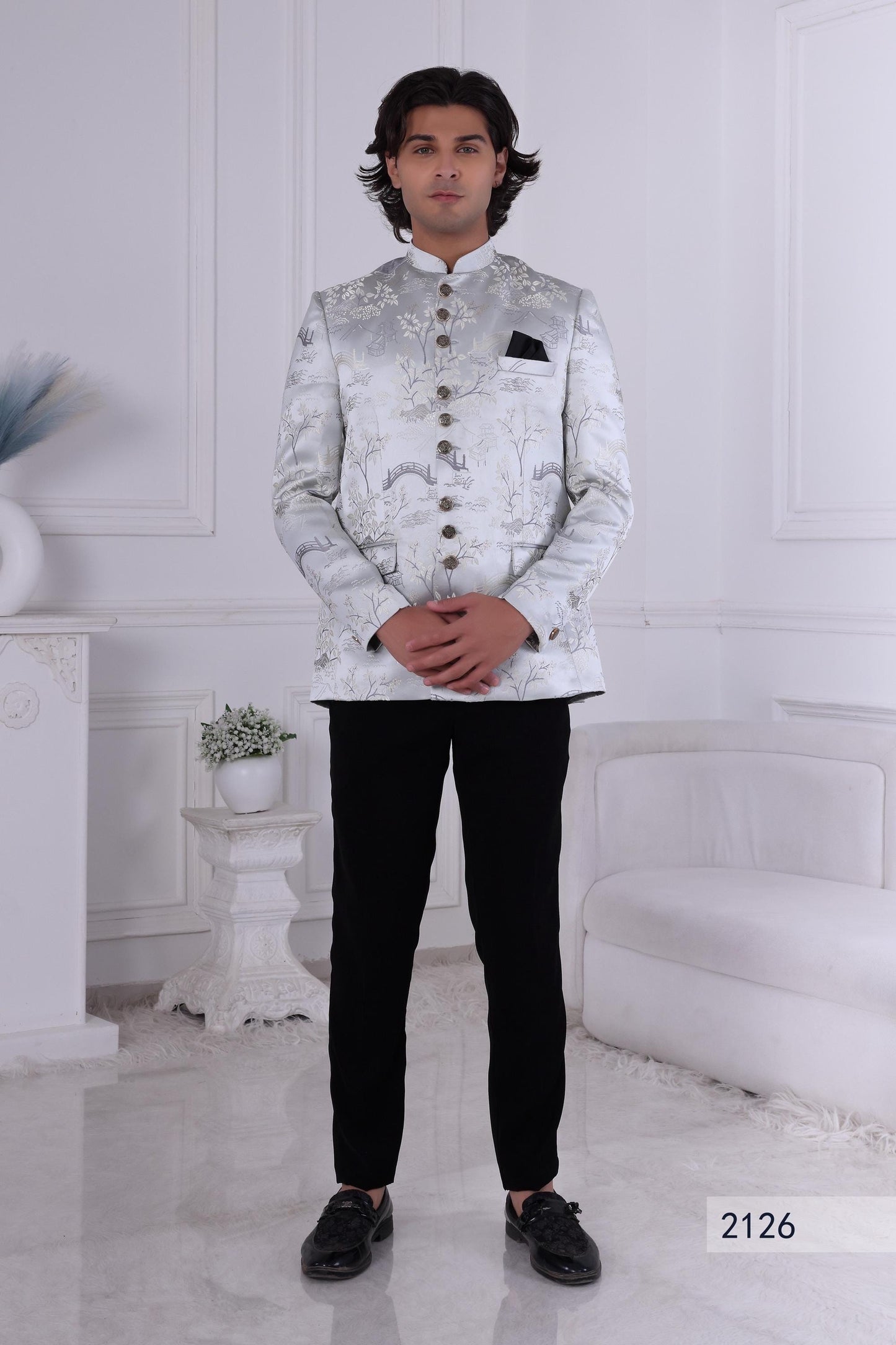 Silver-Blue Scenic Jacquard Jodhpuri Suit: Modern Bandhgala Wedding Outfit Laroyal