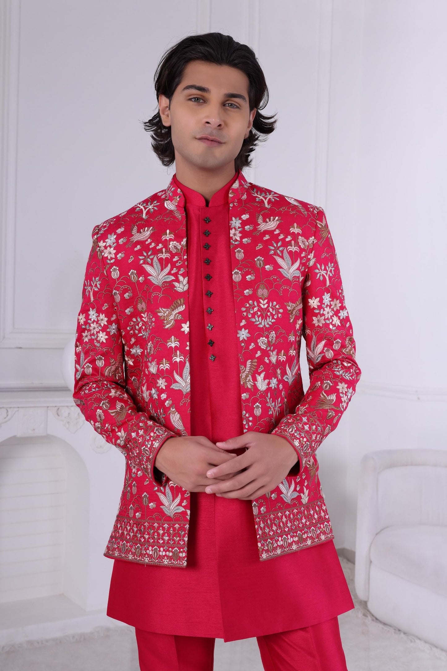 Red Embroidered Sherwani: Groom Wedding Outfit, Customizable Ethnic Attire Laroyal