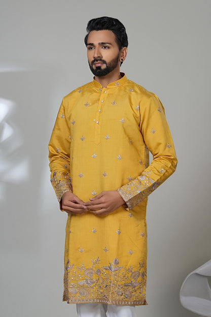 Embroidered Yellow Kurta Set: Haldi Mehendi Ceremony Outfit Laroyal