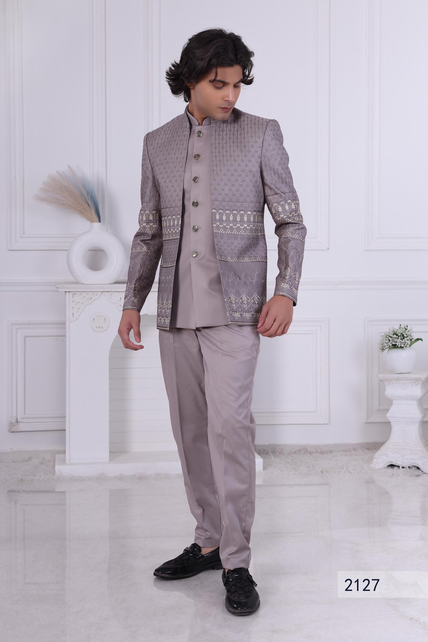 Regal Dusty Lilac Indo-Western with Waistcoat | Architectural Embroidered Jacket | Men's Designer Wedding Sherwani Laroyal