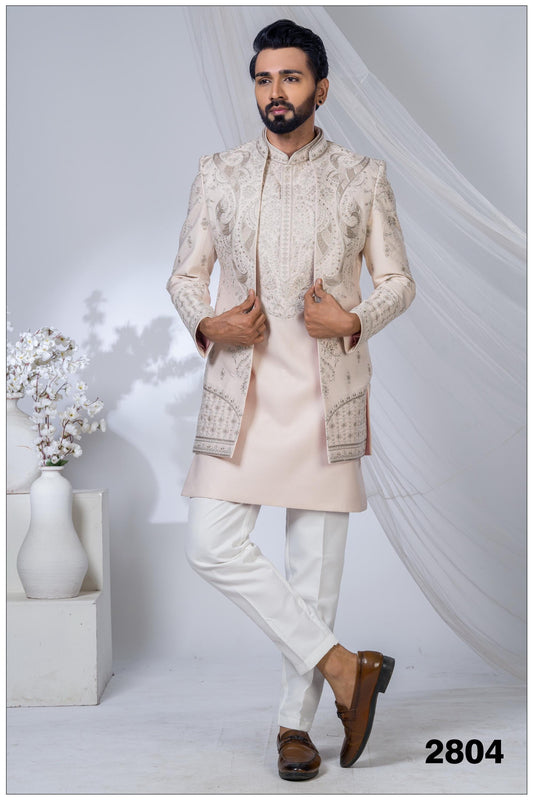 Champagne Silk Indo-Western Sherwani | Designer Wedding Sherwani for Groom & Reception | Indian Ethnic Wear