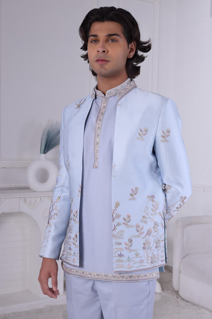 3-Piece Light Blue Indo-Western Suit | Indian Sherwani | Designer Jacket & Kurta | Groom's Sangeet Outfit