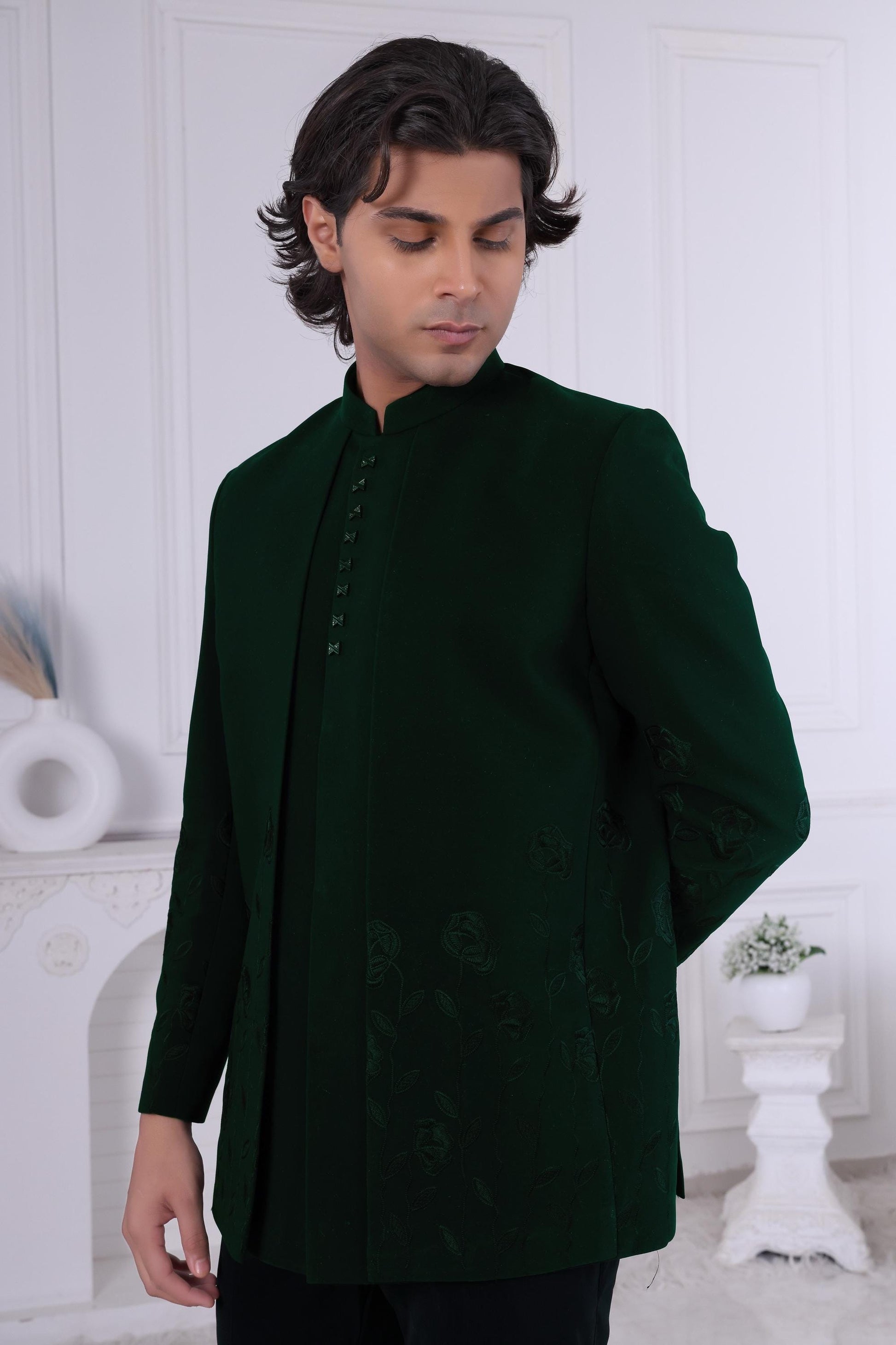Dark Green Velvet Jodhpuri Suit with Floral Embroidery | Designer Bandhgala for Groom's Reception Laroyal
