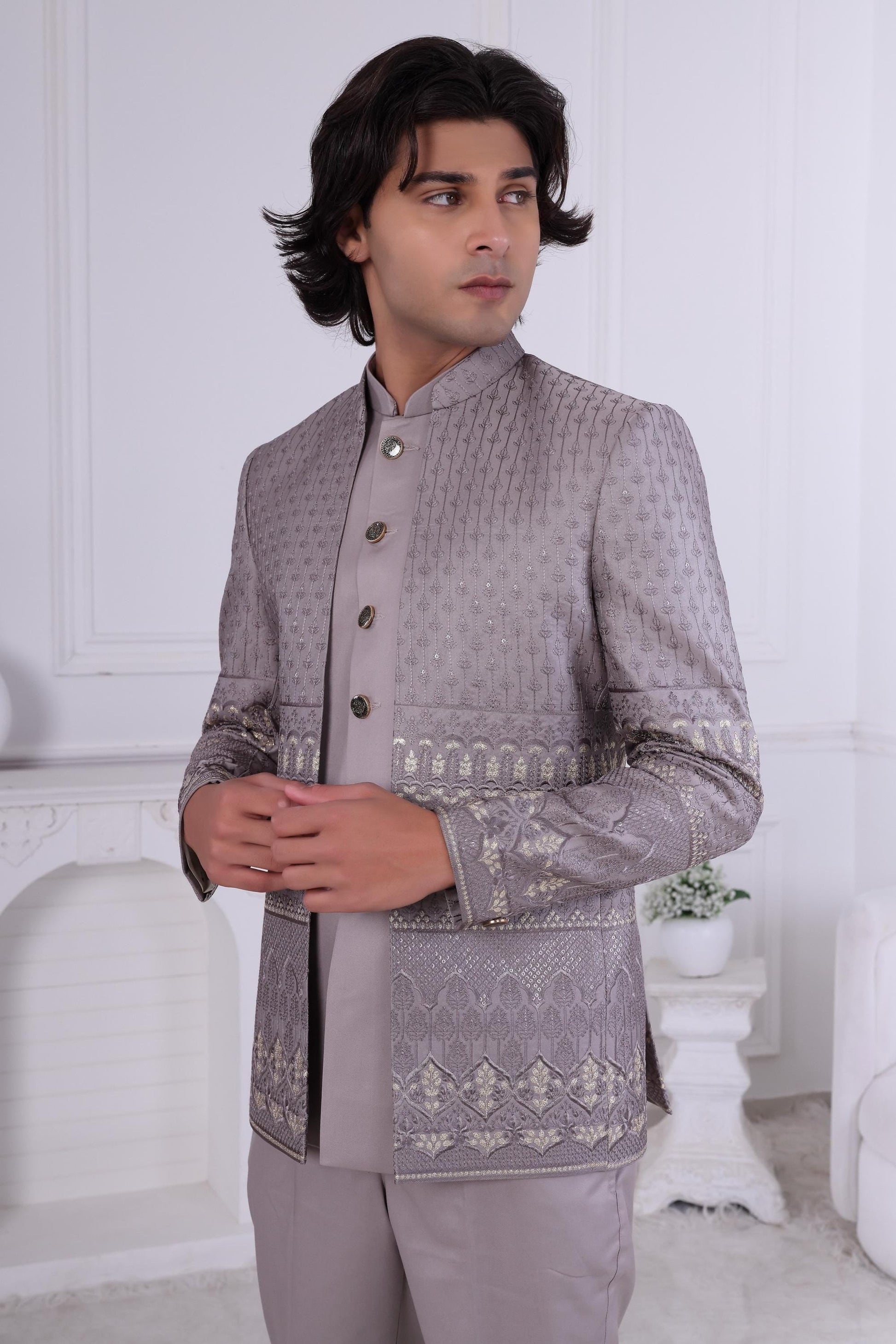 Regal Dusty Lilac Indo-Western with Waistcoat | Architectural Embroidered Jacket | Men's Designer Wedding Sherwani Laroyal