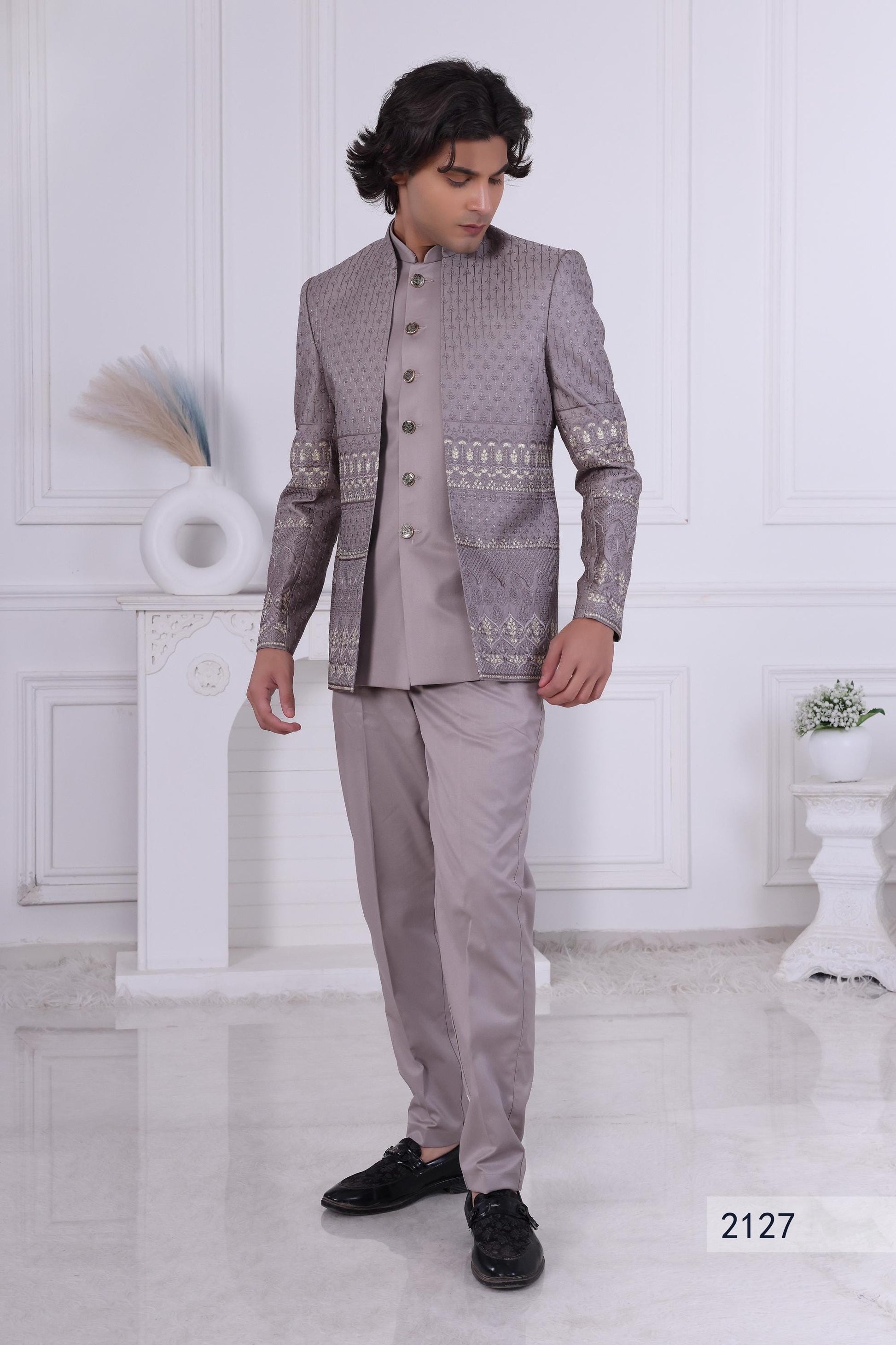 Regal Dusty Lilac Indo-Western with Waistcoat | Architectural Embroidered Jacket | Men's Designer Wedding Sherwani Laroyal