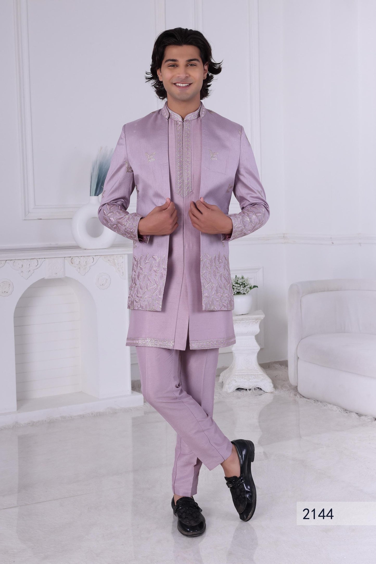 Embroidered Indo-Western Suit: Light Purple Raw Silk Sangeet Outfit Laroyal